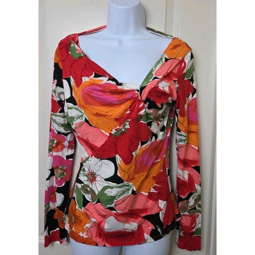 Vintage Cache Bright Floral Ruched Asymmetrical Top Y2K Rayon Stretch Made USA